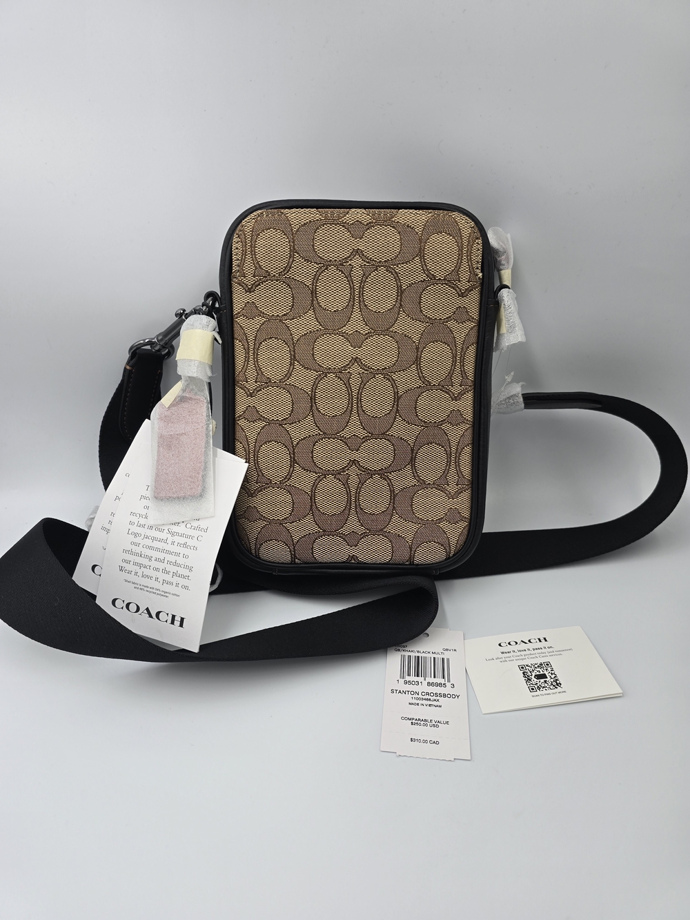 COACH CH097 Stanton Crossbody Bag Unisex NWT Black Leather Tan Sig Jacquard